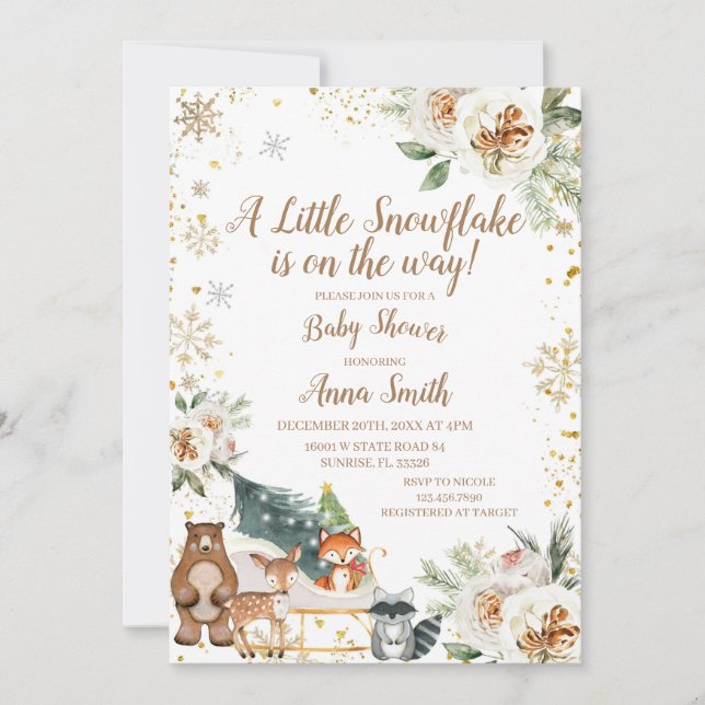 Winter Floral Eine kleine Schneeflocke ist unterwe Einladung (Vorderseite)