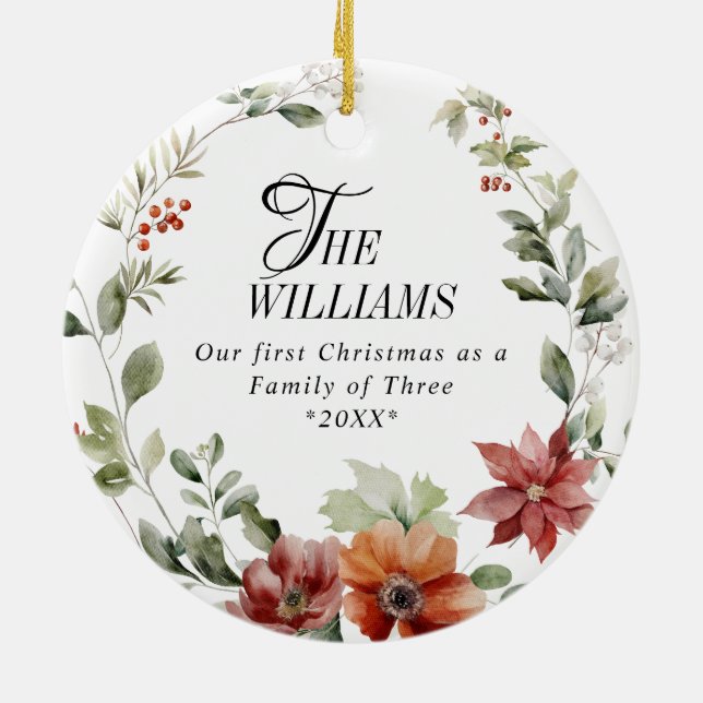 Winter Floral Family First Christmas Custom Foto Keramik Ornament (Hinten)