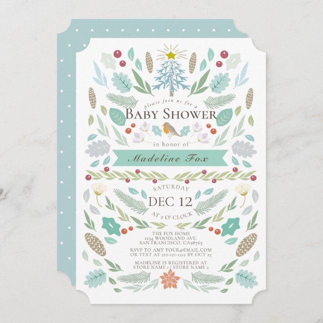 Winter Floral Foliage Holiday Blue Baby Dusche Einladung (Vorne/Hinten)