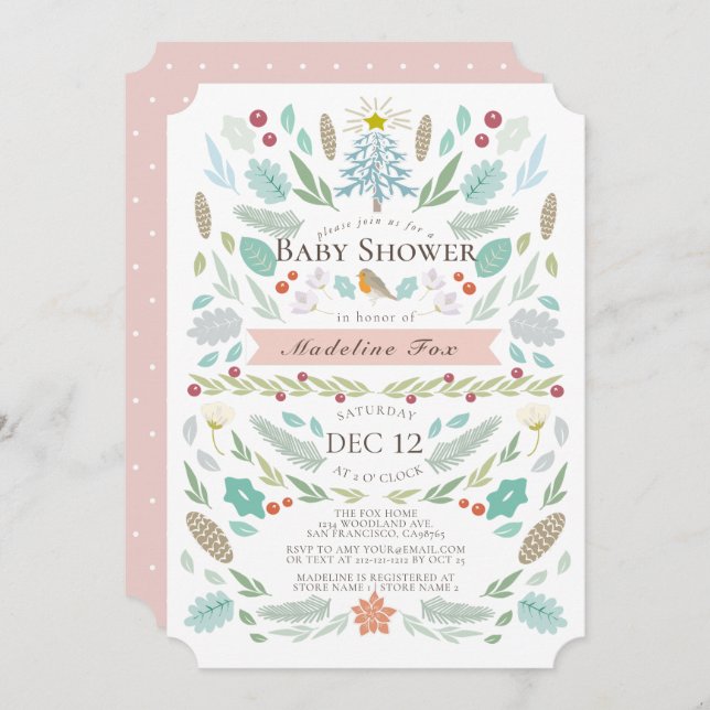 Winter floral Foliage Urlaub Pink Babydusche Einladung (Vorne/Hinten)