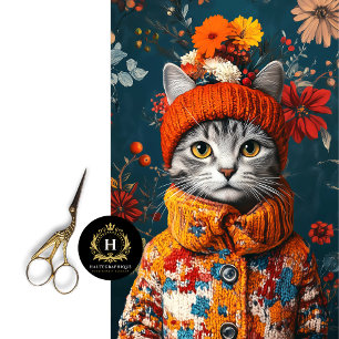 Winter Floral Graue Katze Decoupage Seidenpapier
