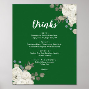 Winter Floral Green Wedding Drinks Menu Sign Poster