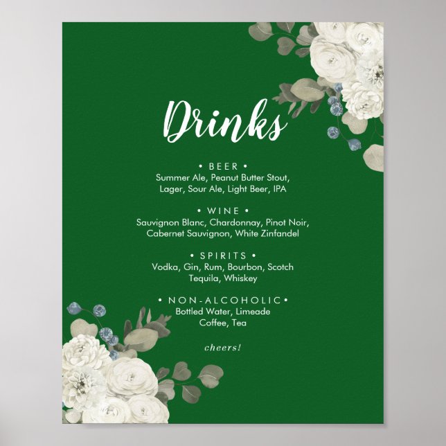 Winter Floral|Green Wedding Drinks Menu Sign Poster (Vorne)