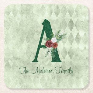 Winter Floral Illustrierte Letter A Personalisiert Rechteckiger Pappuntersetzer