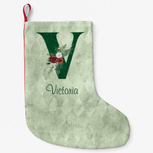 Winter Floral Illustrierter Letter V Personalisier Kleiner Weihnachtsstrumpf