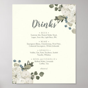 Winter floral   Ivory Wedding Drinks Menu Sign Poster