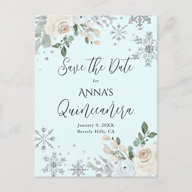 Winter Floral Light Blue Quinceanera Save the Date Postkarte (Vorderseite)
