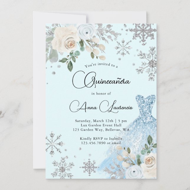 Winter Floral Light Blue und Silver Quinceanera Einladung (Vorderseite)