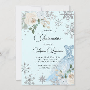 Winter Floral Light Blue und Silver Quinceanera Einladung