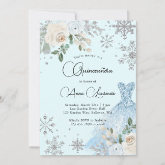 Winter Floral Light Blue und Silver Quinceanera Einladung