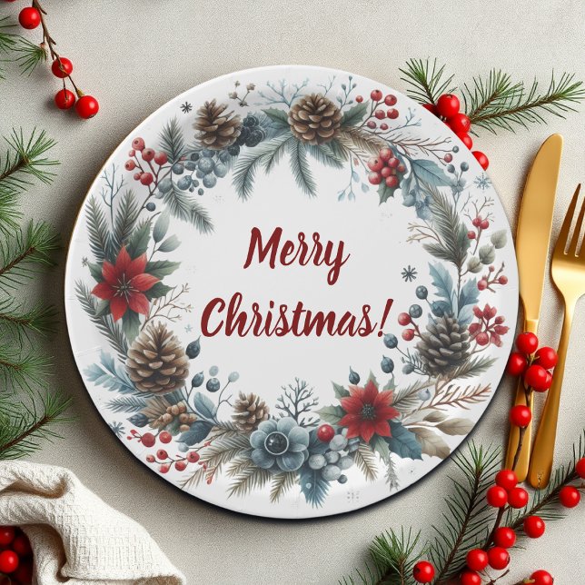 Winter Floral Pine Cones Wreath Pappteller (Von Creator hochgeladen)