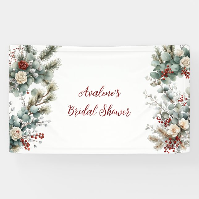 Winter Floral Red White Rose Brautparty Banner (Horizontal)