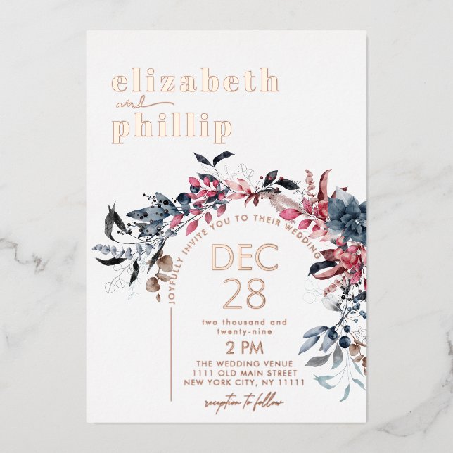 Winter Floral Rose Goldene Weihnachtsfeier Folieneinladung (Vorderseite)