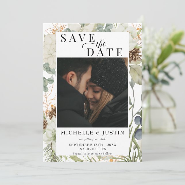 Winter floral | Rustikale Foto-Hochzeit Save The Date (Stehend Vorderseite)