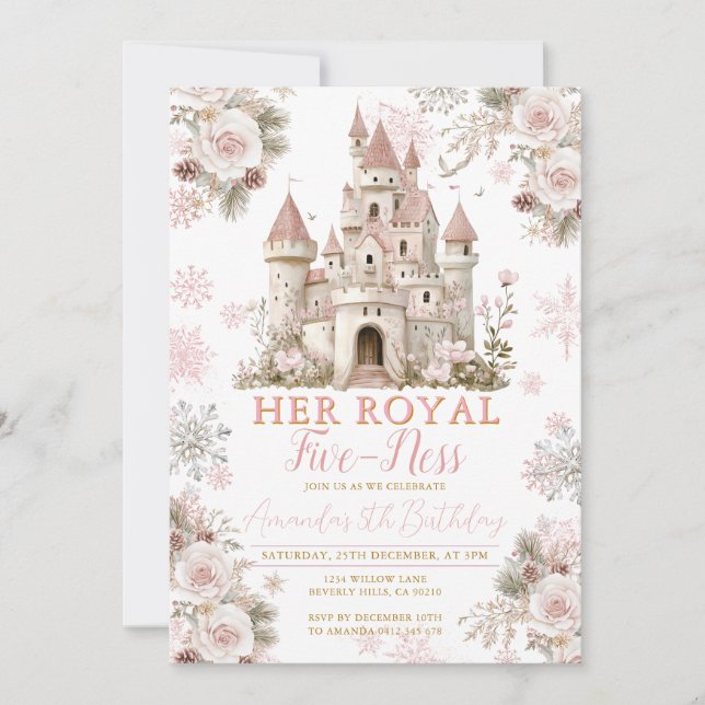 Winter Floral Schneeflocke königliche Fünfheit Geb Einladung (Vorderseite)