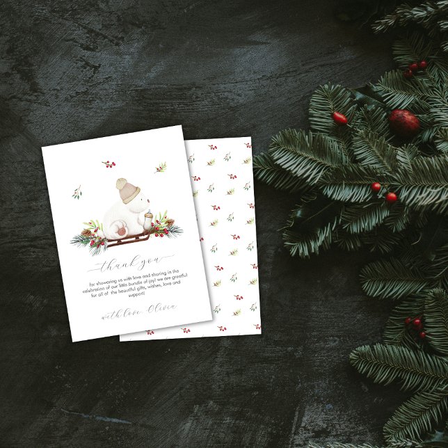 Winter Floral Sleigh Polar Bear Baby Shower  Dankeskarte (Winter Floral Sleigh Polar Bear Baby Shower Thank You Card)