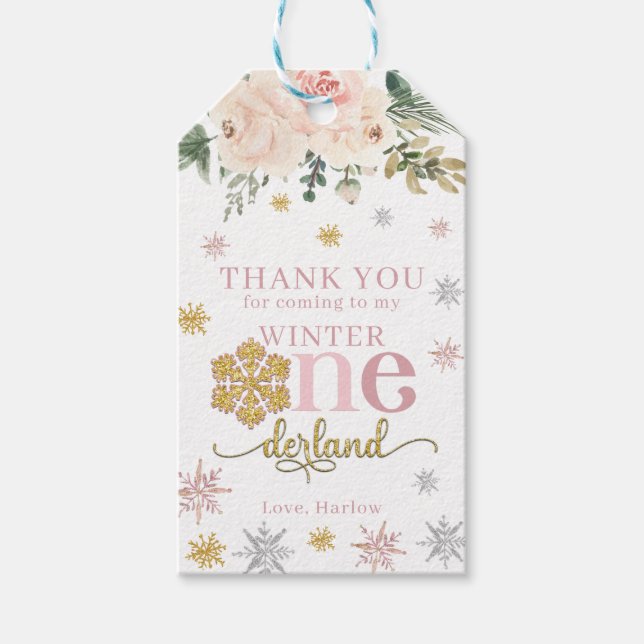 Winter Floral Snowflake ONEderland 1. Geburtstag Geschenkanhänger (Vorderseite)
