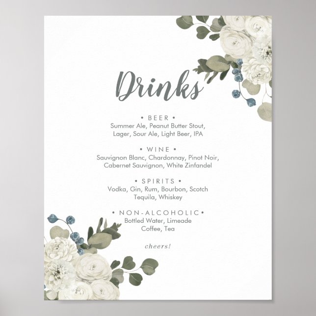 Winter Floral Wedding Drinks Menü Signatur Poster (Vorne)
