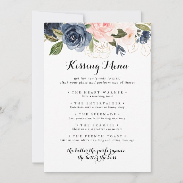 Winter Floral Wedding Kissing Menu Game Card (Vorderseite)