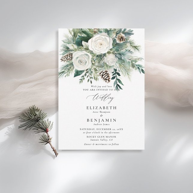 Winter Floral Weihnachten Wasserfarbe Elegante Hoc Einladung (winter wedding invitation christmas floral botanical pine tree cone white roses rustic cozy elegant)