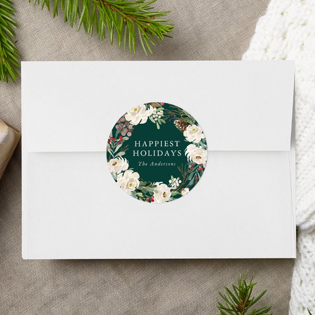 Winter Floral Wreath Green Personalisiert Holiday Runder Aufkleber (Von Creator hochgeladen)