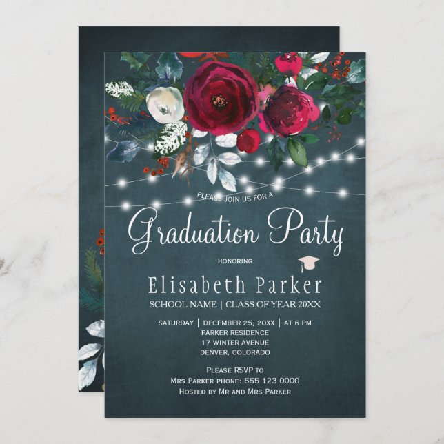 Winter florale elegante burgundy Abschlussfeier Einladung (Vorne/Hinten)