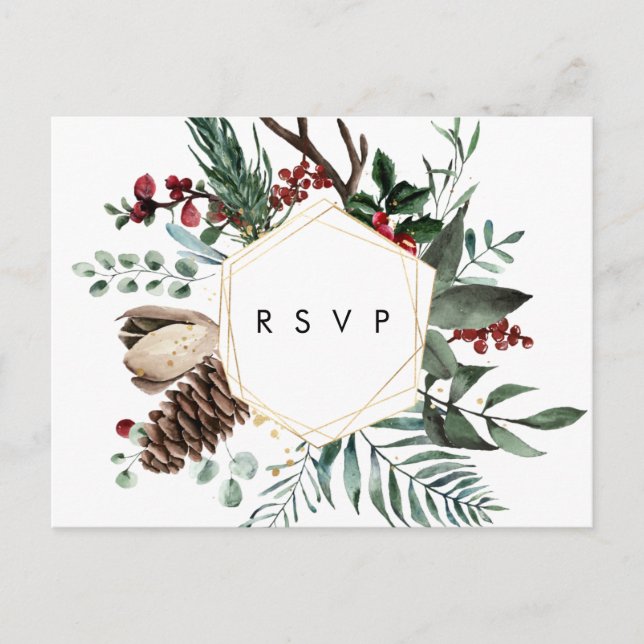 Winter florale geometrische Hochzeit rsvp Postkart Postkarte (Vorderseite)