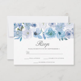 Winter Florals: Elegant Blue White Wedding RSVP Karte