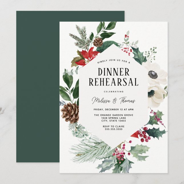 Winter Florals Grüne Hochzeitsessen Probe Einladung (Vorne/Hinten)