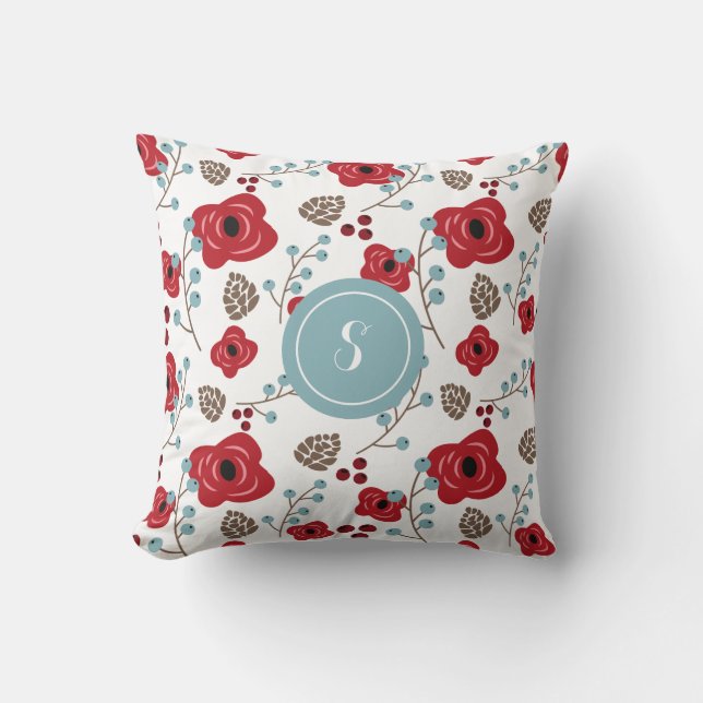 Winter Florals Poppies and Berries Monogram Kissen (Vorderseite)