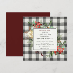 Winter Florals und Evergreen Kariert Baby Dusche Einladung