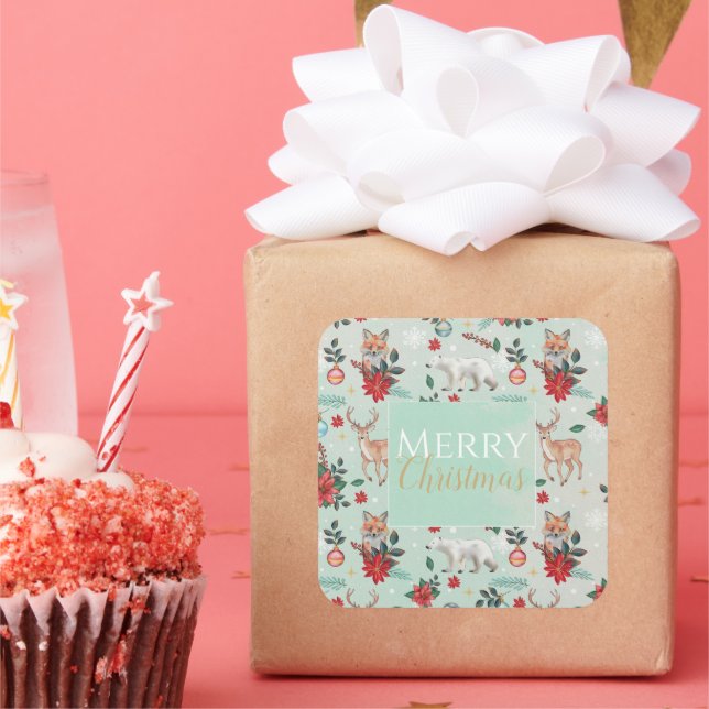 Winter Florest Animals Weihnachtsmuster Quadratischer Aufkleber (Party)