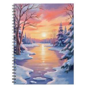 Winter-Fluss-Sonnenuntergangs-Landschaft Schnee Aq Notizblock