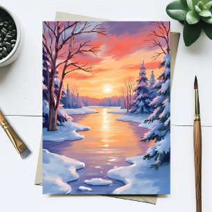 Winter-Fluss-Sonnenuntergangs-Landschaft Schnee Aq Postkarte