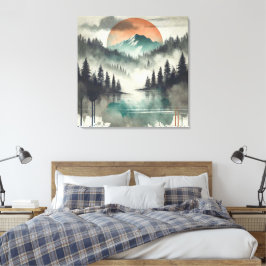 Winter Fog Mountain Forest Landschaft Orange Sonne Leinwanddruck