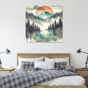 Winter Fog Mountain Forest Landschaft Orange Sonne Leinwanddruck