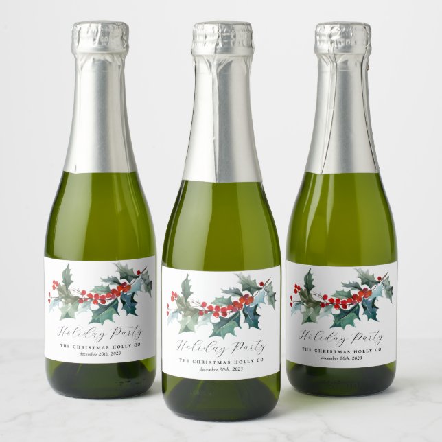 Winter Foliage Holly Berries Mini Champagner Label (Flaschen)