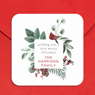 Winter Foliage Red Kardinal Custom Frohe Weihnacht Quadratischer Aufkleber