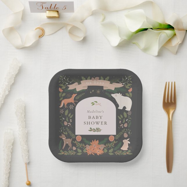 Winter Foliage Woodland Animals Navy Baby Dusche Pappteller (Hochzeit)