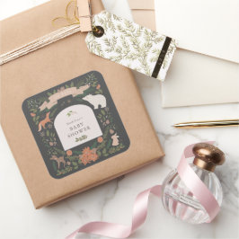 Winter Foliage Woodland Animals Navy Baby Dusche Quadratischer Aufkleber