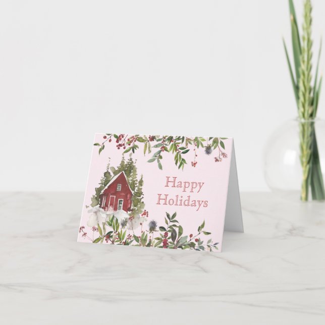 Winter Folies und Berries Pink Christmas Card Dankeskarte (Vorderseite)