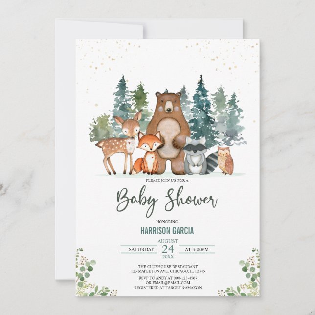 Winter Forest Animals Woodland Baby Dusche Einladung (Vorderseite)