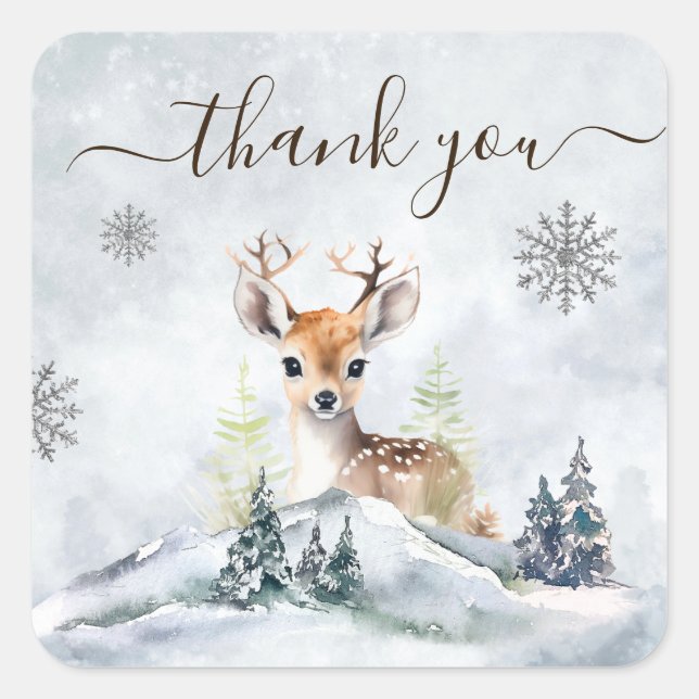 Winter Forest Baby Deer Baby Dusche Danke Quadratischer Aufkleber (Vorderseite)