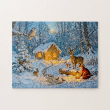 Winter Forest Cottage with Deer, Fox and Owl – Fan