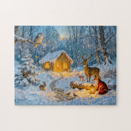 Winter Forest Cottage with Deer, Fox and Owl – Fan Puzzle