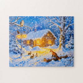 Winter Forest Cottage with Woodland Animals Puzzle
