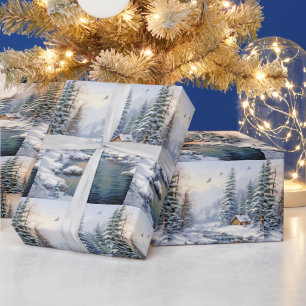 Winter Forest Log Cabin Birds Pine Tree River Geschenkpapier