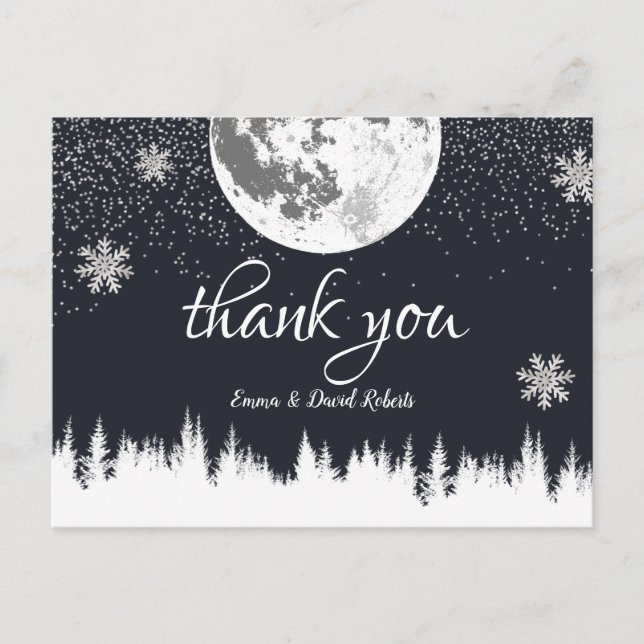 Winter Forest Moon & Snowflakes Hochzeit Danke Postkarte (Vorderseite)