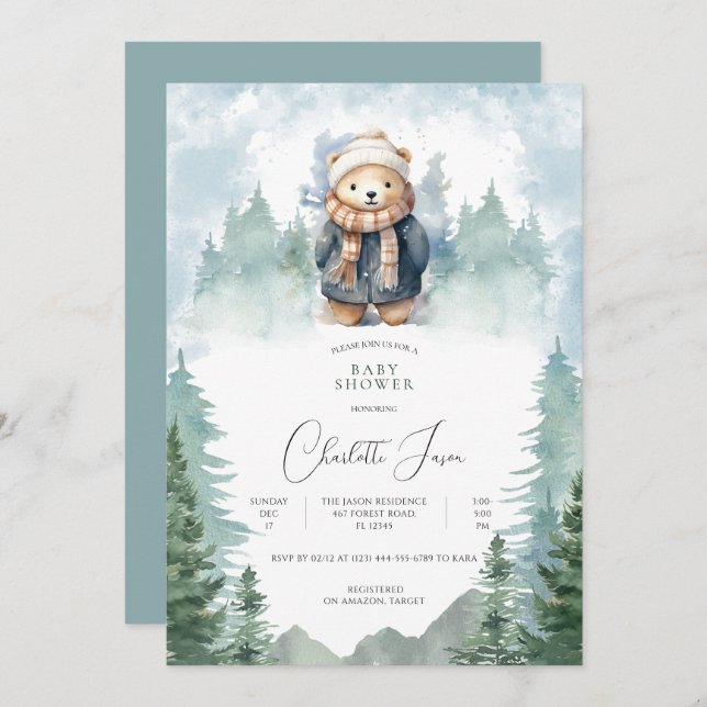 Winter Forest Niedlich Bear Baby Dusche Einladung (Vorne/Hinten)