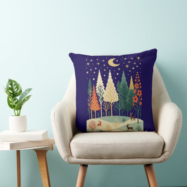 Winter Forest Night Throw Pillow | Moon & Deer Nat Kissen (Stuhl )